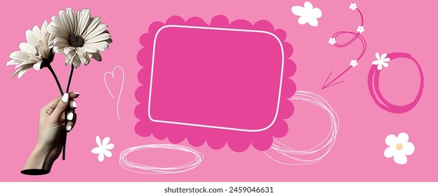 Anuncio retro con un marco en el centro para texto con un collage de manos de medio tono en un estilo retro rosa brillante, flechas con flores y garabatos dibujados a mano. Ilustración vectorial