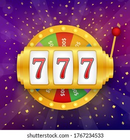 Retro banner for game background design. Winner banner. Slot machine with lucky sevens jackpot. Vector stock illustration.