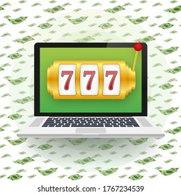 Retro banner for game background design. Winner banner. Slot machine with lucky sevens jackpot. Vector stock illustration.