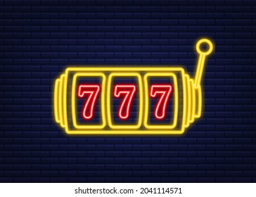 Retro banner for game background design. Winner banner. Slot machine with lucky sevens jackpot. Neon style. Vector stock illustration.