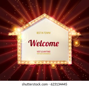 Retro banner with glowing lights. Banner in the form of arrows. Design element for your poster, advertising or text.