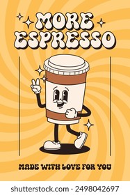 Retro banner groovy character cup of espresso coffee. Vector flat illustration.