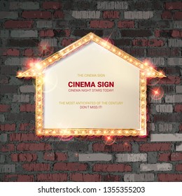 Retro banner image. Gold frame in the shape of an arrow on the background of vintage brick wall. Vector illustration