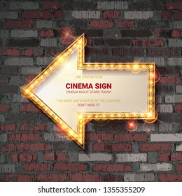 Retro banner image. Gold frame in the shape of an arrow on the background of vintage brick wall. Vector illustration