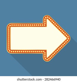 Retro banner with lights shaped as arrow, flat design with long shadow, vector eps10 illustration