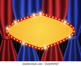 Retro banner on Background with blue and red curtain. Vector illustration