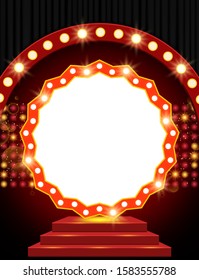 Retro banner on scene with red stage podium and black curtain. Vector illustration