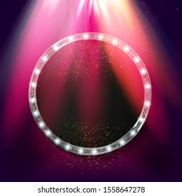Retro banner on stage with spotlight effect background. Vector illustration