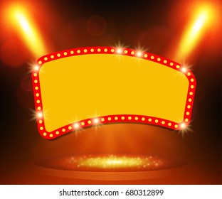 Retro banner on stage with spotlight effect background. Vector illustration