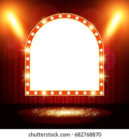 Retro banner on stage with spotlight effect background. Vector illustration