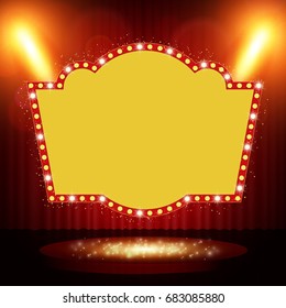 Retro banner on stage with spotlight effect background. Vector illustration