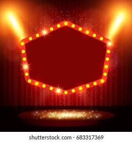 Retro banner on stage with spotlight effect background. Vector illustration