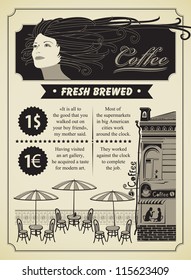 retro banner on the theme of coffee with girl and street cafe