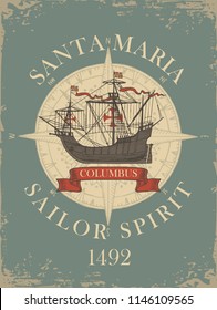 Retro banner on the theme of travel, adventure and discovery with vintage sailing ship of Christopher Columbus, nautical compass and wind rose on the old paper background