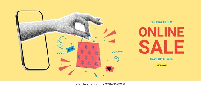 Retro banner for online sale. Vector illustration with hand coming out of phone and holding paper bag. Collage with paper cut elements for decoration sale events. Creative trend collage.