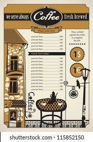 Retro banner with outdoor cafes and table