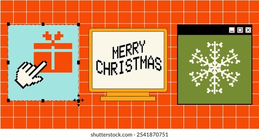 Retro banner with PC Window with Christmas Snowflakes and present boxes. Concept print, banner, template design.	