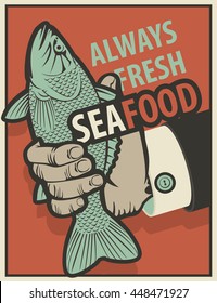 Retro banner for seafood with fish in hand