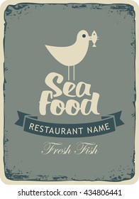 Retro banner for a seafood restaurant menu with a seagull with a fish in its beak