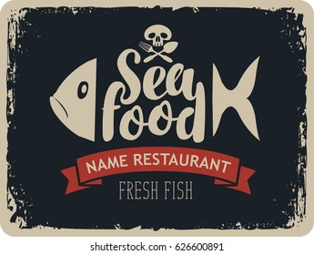 Retro banner for seafood restaurants with fish and Jolly Roger skull and cutlery