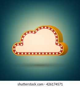 Retro banner with shining lights. Vector illustration. Vintage billboard, bright signboard or light banner in 3D style. Shining cloud banner.