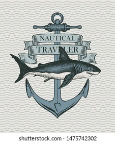 Retro banner with ship anchor and hand drawn shark with words Vector illustration on the theme of travel, adventure and discovery