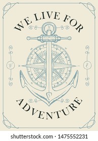 Retro banner with a ship anchor, wind rose and old nautical compass. Vector illustration on the theme of travel, adventure and discovery on the white background