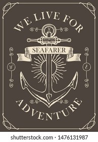 Retro banner with a ship anchor, wind rose and sun. Vector illustration on the theme of travel, adventure and discovery