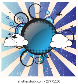 Retro Banner With Sun Clouds and birds flying around with rainbows in background