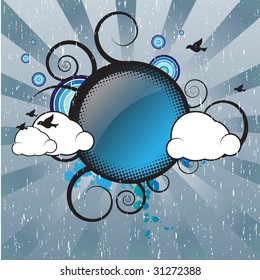 Retro Banner With Sun Rays Clouds and birds flying around with rainbows in background