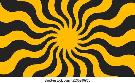 Retro banner with sun and rays in style of 70s. Sunburst, sunrise summer background. Sunbeam illustration, starburst geometric pattern. Vintage wallpaper
