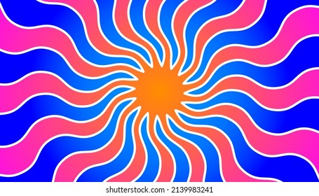 Retro banner with sun and rays in style of 70s. Sunburst, sunrise summer background. Sunbeam illustration, starburst geometric pattern. Vintage wallpaper