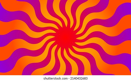 Retro banner with sun and rays in style of 70s. Sunburst, sunrise summer background. Sunbeam illustration, starburst geometric pattern. Vintage wallpaper