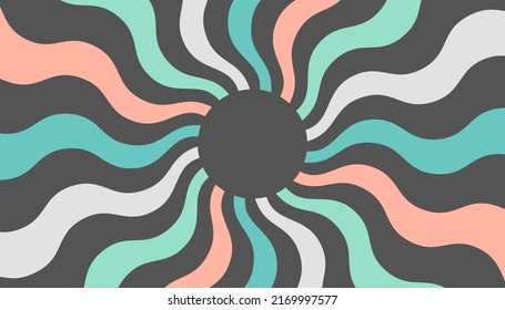 Retro banner with sun and rays in style of 70s. Sunburst, sunrise summer background. Sunbeam illustration, starburst geometric pattern. Vintage wallpaper