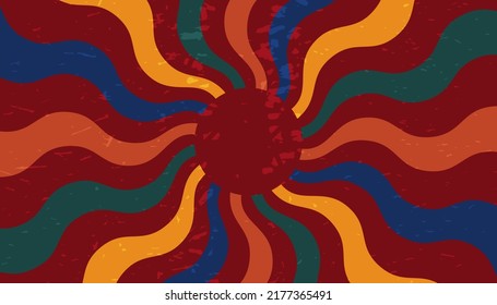 Banner retro con sol y rayos al estilo de los años 70. Salto de sol, fondo de verano del amanecer. Ilustración Sunbeam, patrón geométrico de starburst. Papel pintado