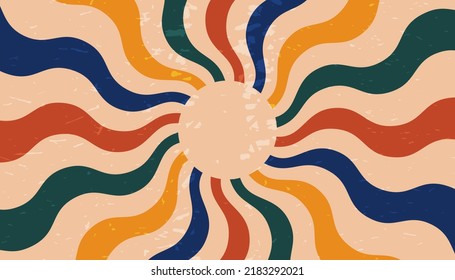Retro banner with sun and rays in style of 70s. Sunburst, sunrise summer background. Sunbeam illustration, starburst geometric pattern. Vintage wallpaper