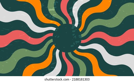 Retro banner with sun and rays in style of 70s. Sunburst, sunrise summer background. Sunbeam illustration, starburst geometric pattern. Vintage wallpaper