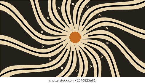 Retro banner with sun and rays. Sunburst, sunrise summer background. Sunbeam illustration, starburst geometric pattern. Vintage wallpaper