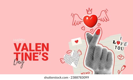 Retro banner for Valentine's day. Vector illustration with halftone hand shows heart sign. Vintage collage with cut out symbols of Valentine's day. Hand gesture with halftone effect.