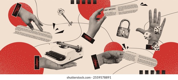 Retro banner in vintage style with hands, speech bubbles, newspaper, typewriter and dice in the form of a collage in halftones. Advertising elements for the design. Vector.