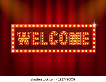 Retro banner welcome on purple backdrop. Light effect. Bright star. Vector design banner. Game sign.