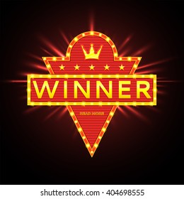 Retro banner of winner with glowing lamps. Vector illustration for win of poker, cards and  roulette.