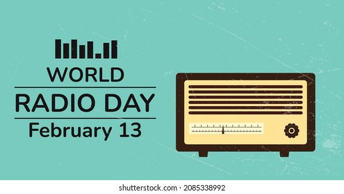 Retro banner World radio day. Vintage radio concept.