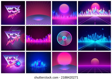 Retro banners in 80s style in neon colors. Sci-fi futuristic landscape. Vector illustration  