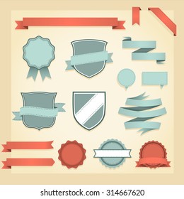 Retro Banners, Ribbons & Badges - Set of retro banner, ribbon and badge design elements.   Colors are global; file can be recolored easily.  All elements are grouped separately; file is well layered.