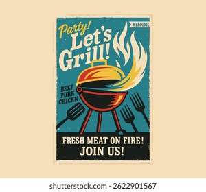 Retro Barbecue Grill Party Poster Template – Grilled Meat And Fire Cooking Illustration, Fast Food Advertisement Design