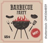 Retro barbecue poster. BBQ party invitation design template with grunge texture. Vector illustration
