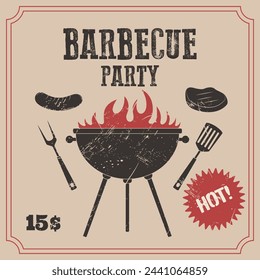 Retro barbecue poster. BBQ party invitation design template with grunge texture. Vector illustration