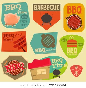 Retro Barbecue  Stickers Collection in Flat Design Style. Layered file. Vector Illustration.