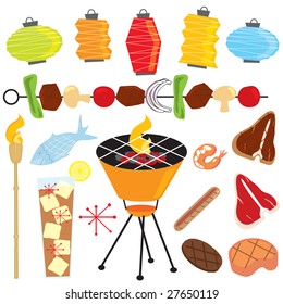 retro barbeque party with tiki torch, lanterns, shish kabob, drink, fish and meats